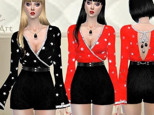 求哪里可以下载模拟人生4 PartyZ01小星星裹身喇叭袖低胸衣短裤套装？