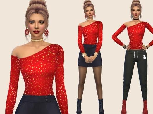 求模拟人生4 v1.31女士圣诞色斜抹肩修身上衣MOD网盘！