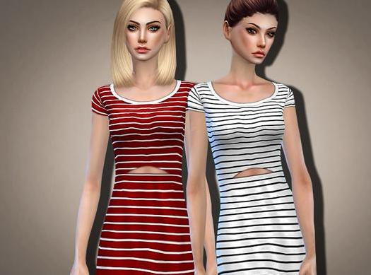 模拟人生4 v1.31女士露脐条纹长T恤连衣裙MOD