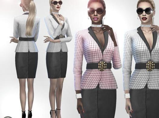 模拟人生4 Squez女士花格子束腰西装短裙职业装MOD