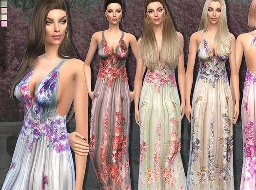 模拟人生4 85女士碎花低胸竖褶皱露背长裙礼服MOD