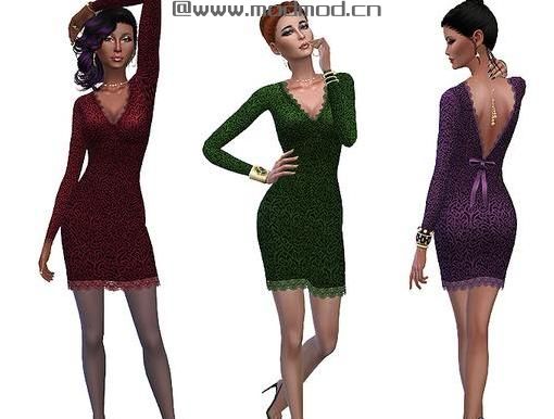 模拟人生4 女士豹纹V领露背蕾丝花边短裙MOD