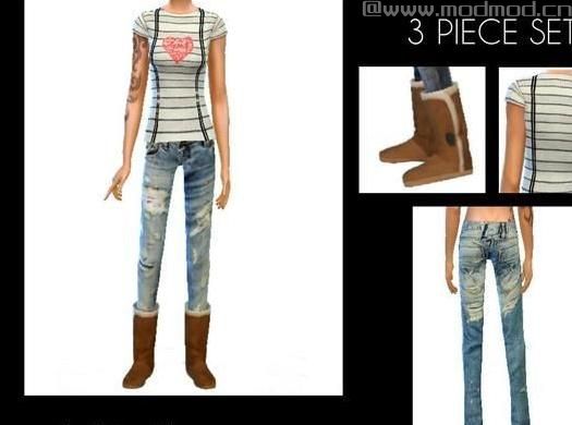 模拟人生4MOD：女性鞋+牛仔裤+T恤3件套 by tiffybee