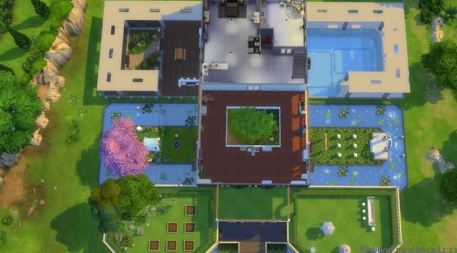 模拟人生4MOD：【弥花小筑】50X50，室内花园，空中花园，钓鱼池，对称设计~