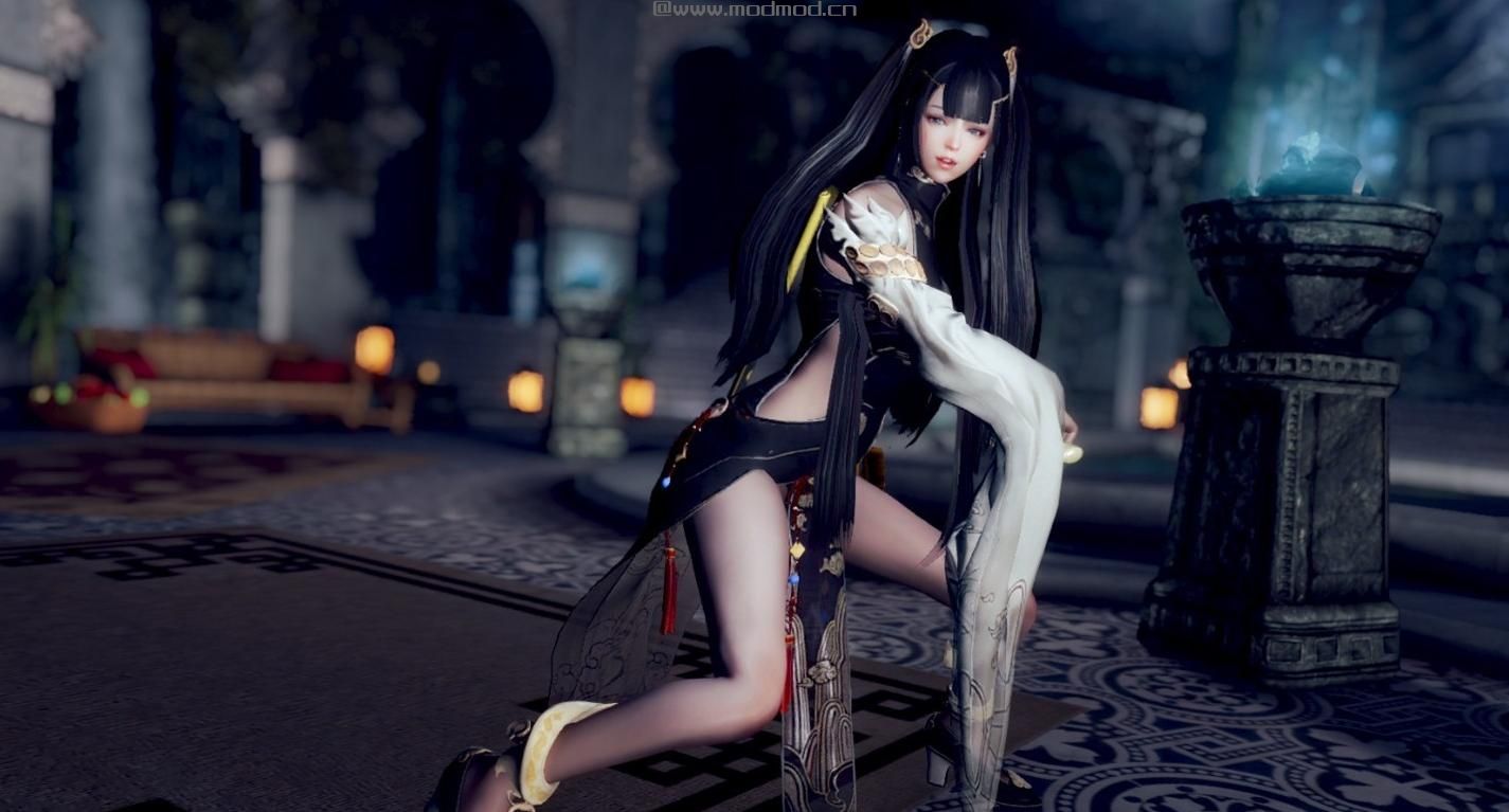 上古卷轴5：天际MOD：【黑沙•蝴蝶兰旗袍装】材质精致，物理效果美到爆