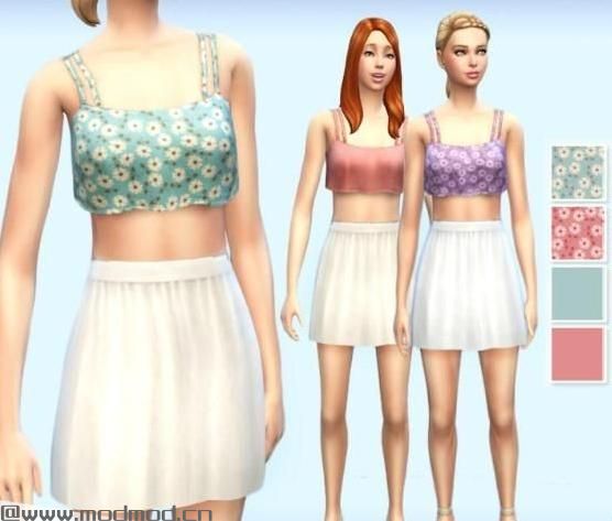 模拟人生4MOD：碎花小背心+白色短裙