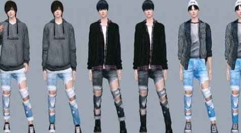 模拟人生4MOD MarigoldMBottomDestroyedJeansRollUp-男士破烂牛仔裤1