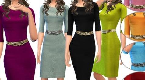 模拟人生4MOD ekinege Belted Textured Dress