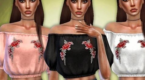 模拟人生4MOD Off-Shoulder Rose Patch Top 上衣