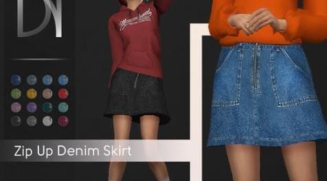 模拟人生4MOD Zip Up Denim Skirt 拉链牛仔裙