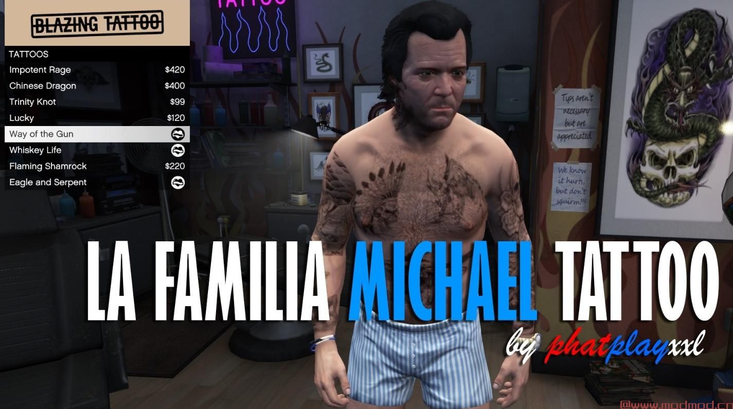 侠盗猎车手5「GTA5」Mod: Michael LaFamilia纹身