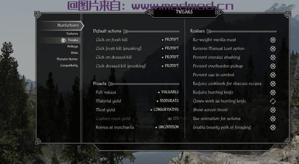 上古卷轴5：天际MOD 天生猎人Hunterborn v1.5：真实的狩猎及尸体处理，渣机无压力！还你真正的游牧风格～